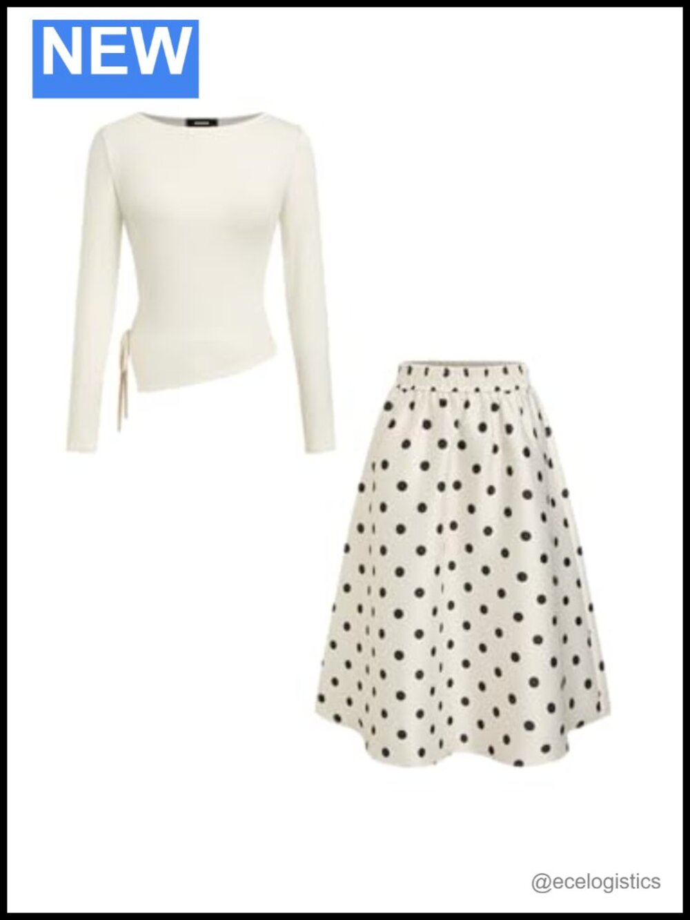Polka Dot Two Piece Set Long Sleeve Top Maxi Skirt Stretch Knit Side Pockets